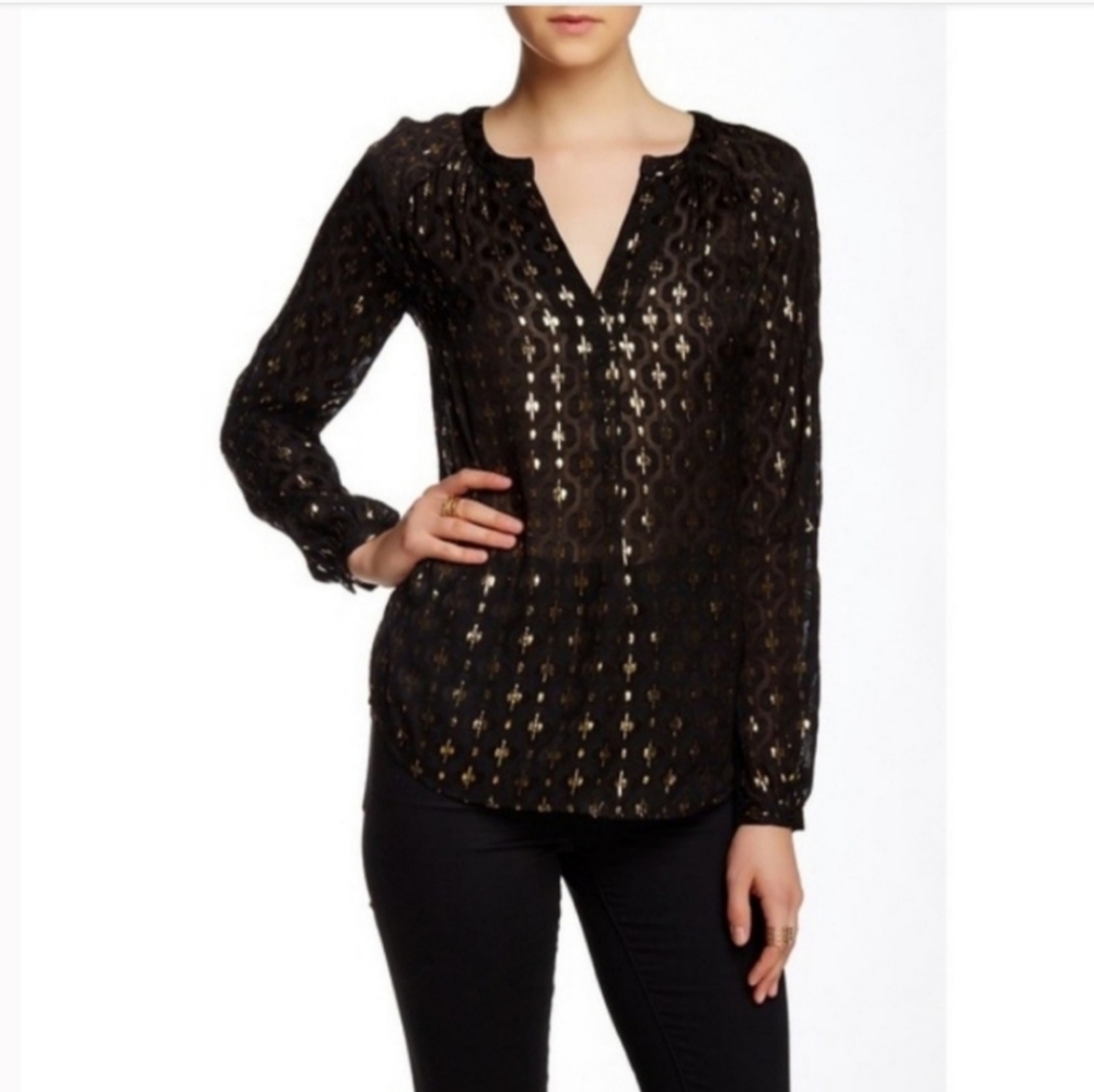 Diane von Furstenberg Dreddie Metallic Sheer V Neck Top sz 8 black gold